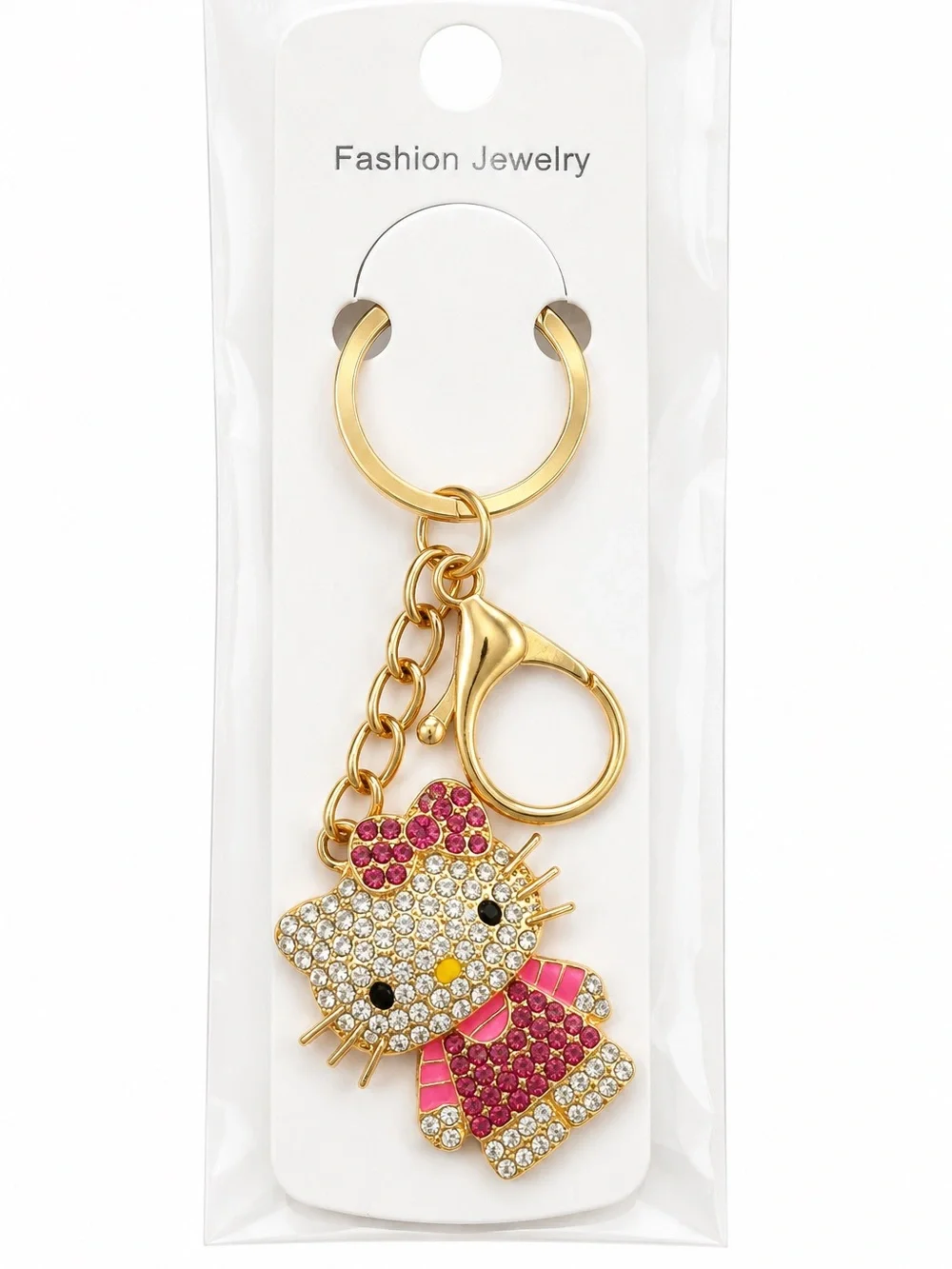 Hello Kitty Style Rhinestone Keychain Pink Bow Gold Bag Charm Kawaii Coquette